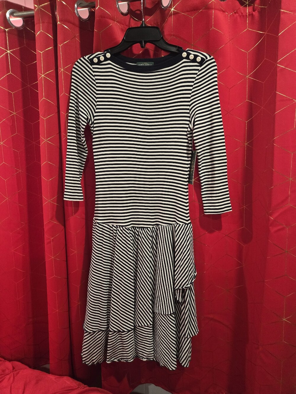 Ralph Lauren Black and White Striped Dress with Shoulder Buttons